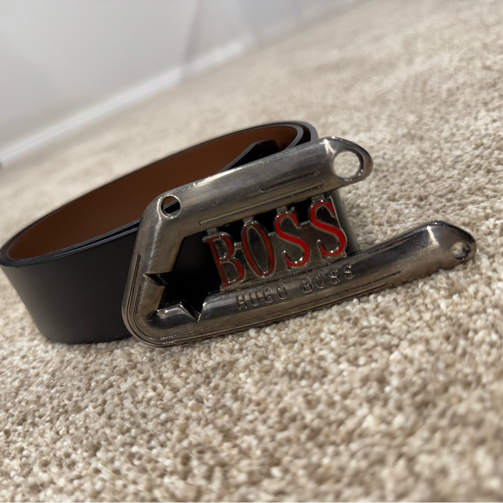 Hugo Boss Black Belt with Distinctive Silver and Red Buckle